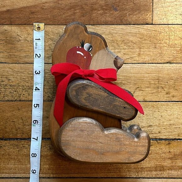 Vintage Hand Painted Wooden Jointed Sitting Teddy Bear with Red Bow- Shelf Decor - Picture 7 of 8
